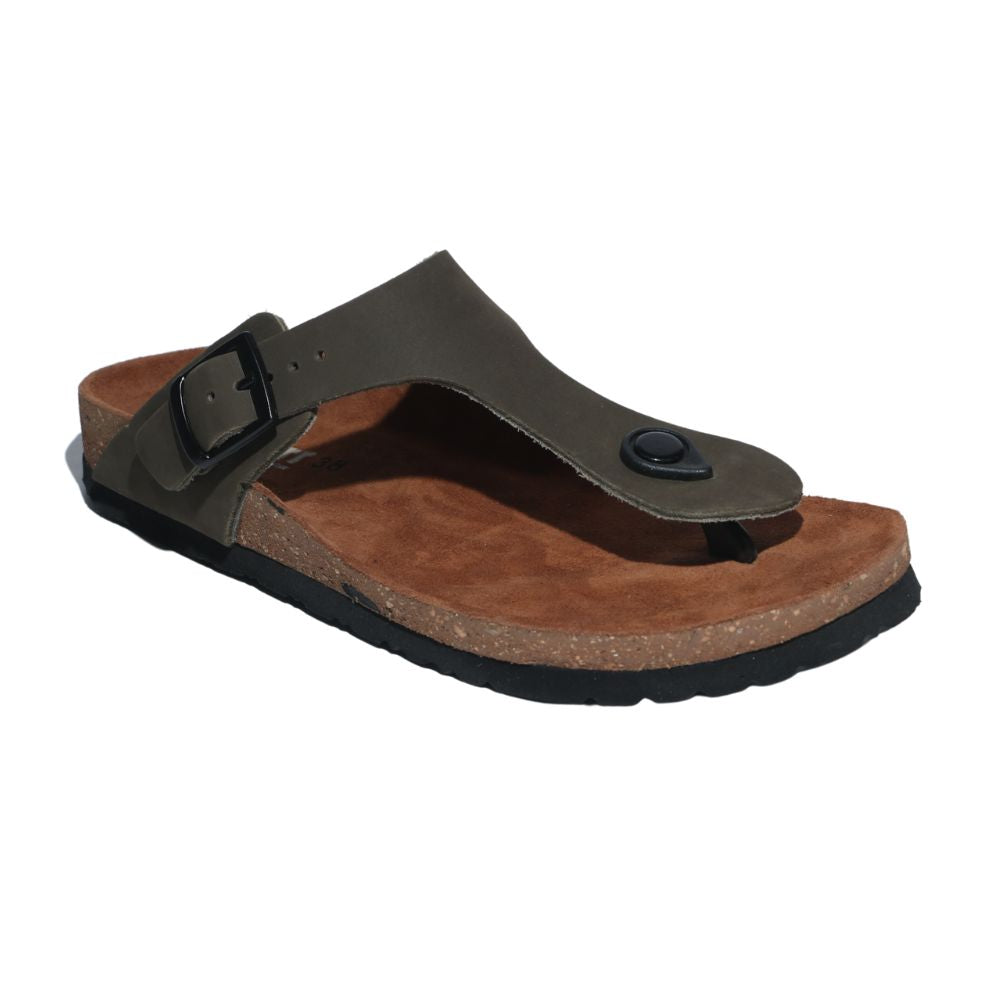 Green Leather T-Strap Slides