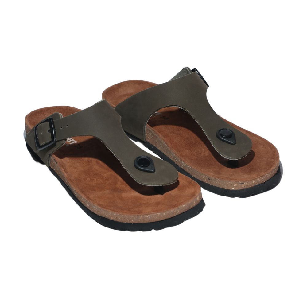 Green Leather T-Strap Slides
