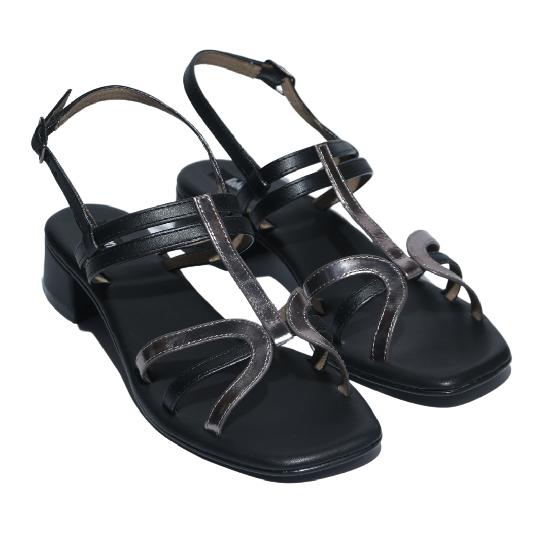 Black Textured Cross Strap Heel Sandals