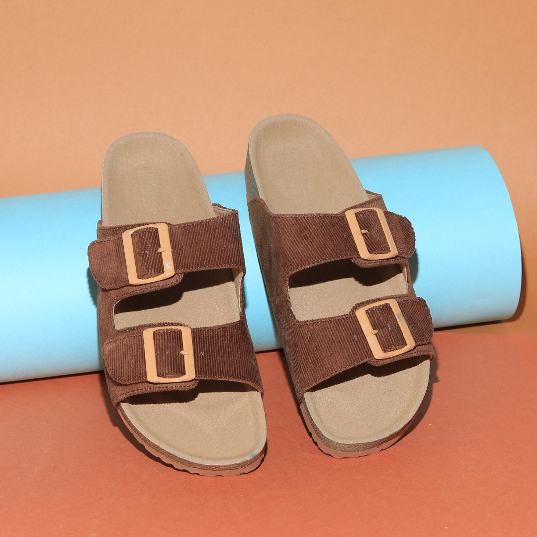 Women’s Corduroy Buckle Slides in Brown