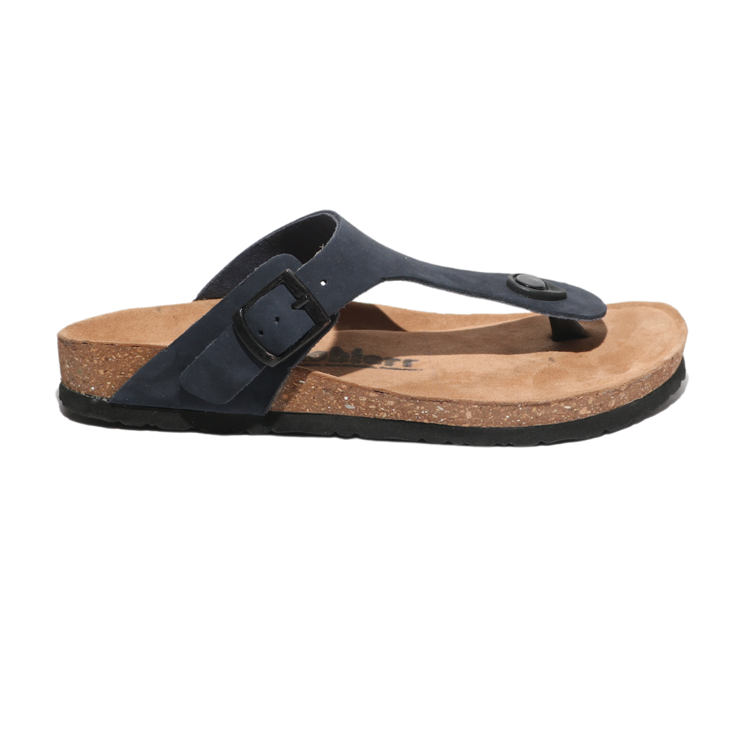 Navy Leather T-strap Sandals