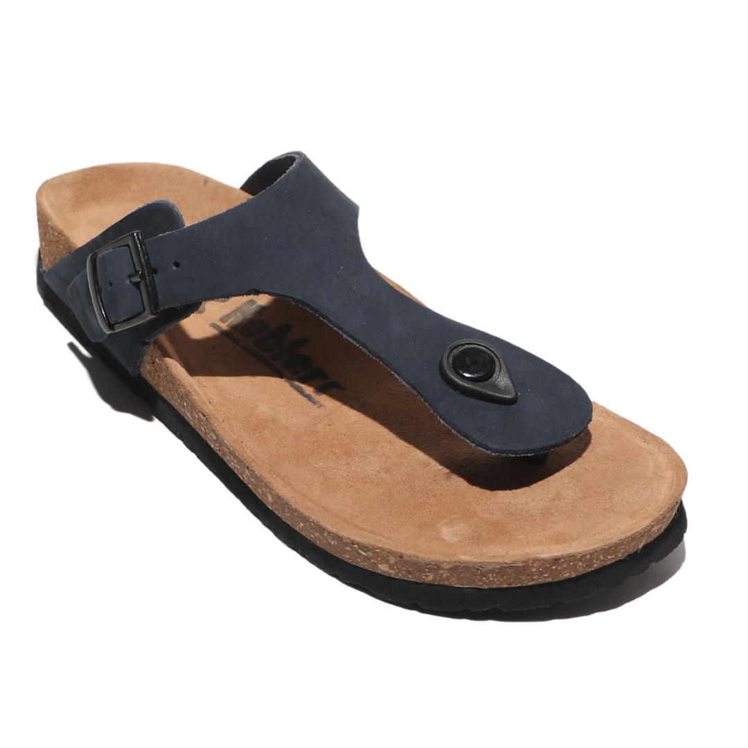 Navy Leather T-strap Sandals