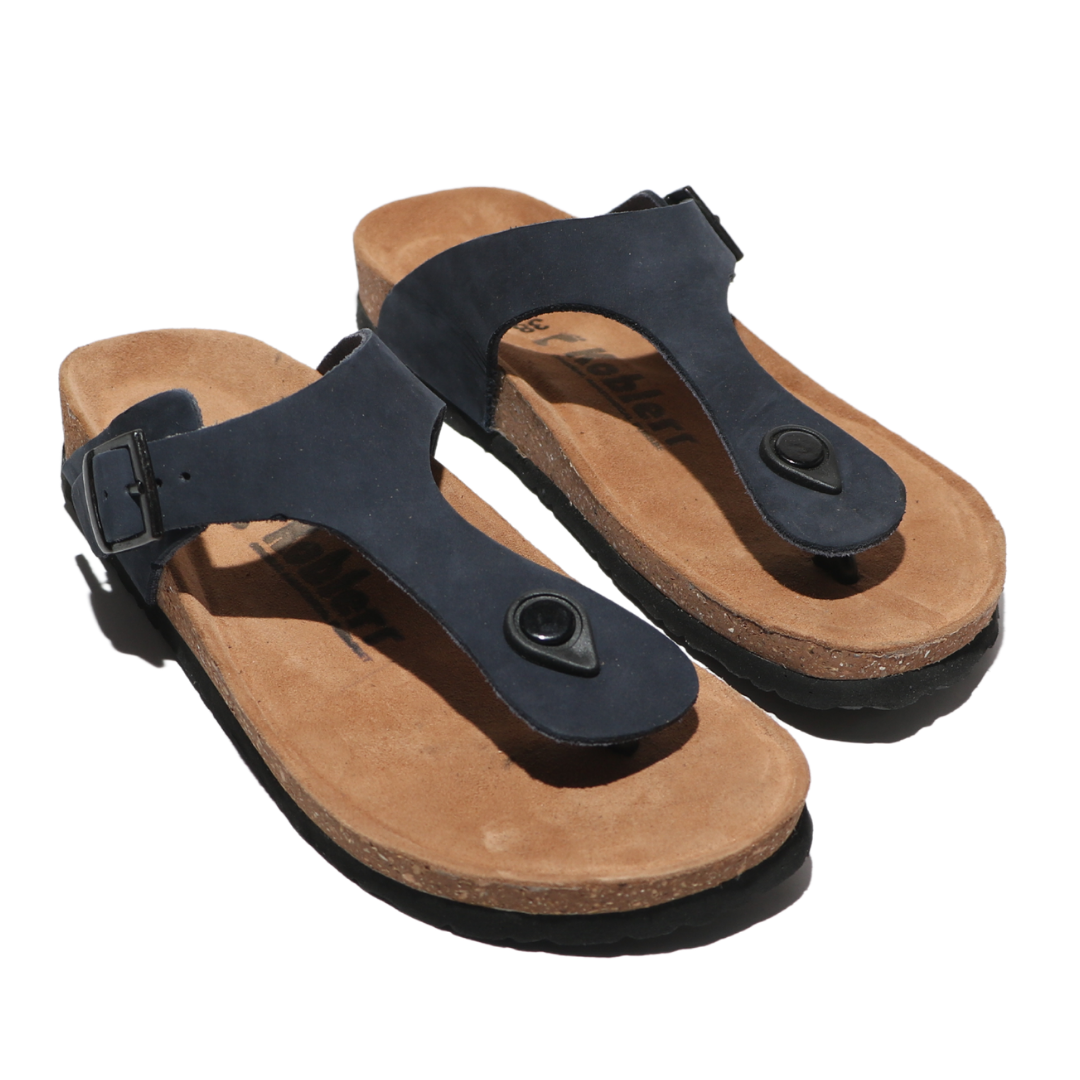 Navy Leather T-strap Sandals