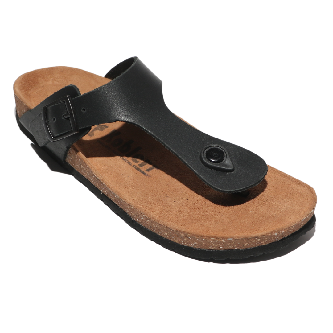 Black Leather T-strap Sandals