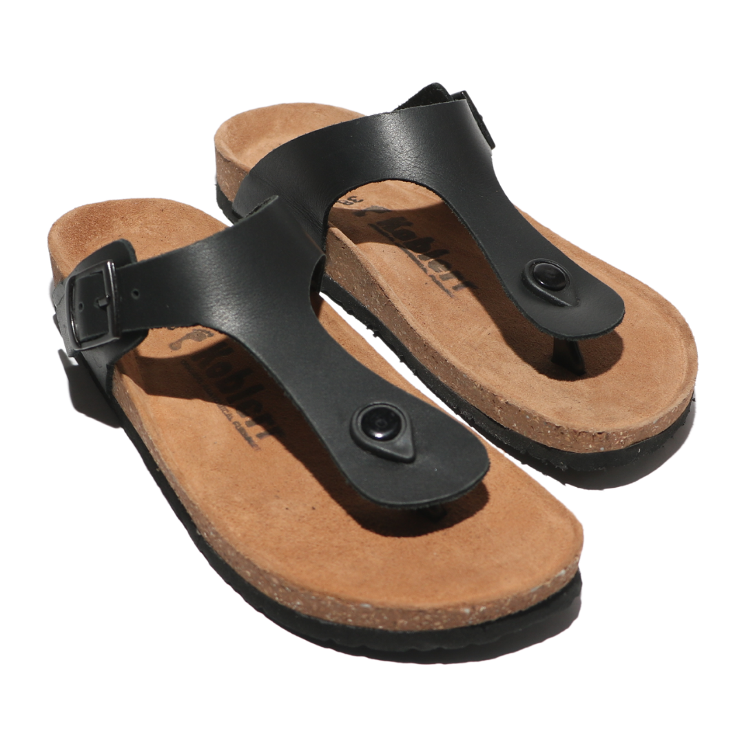 Black Leather T-strap Sandals
