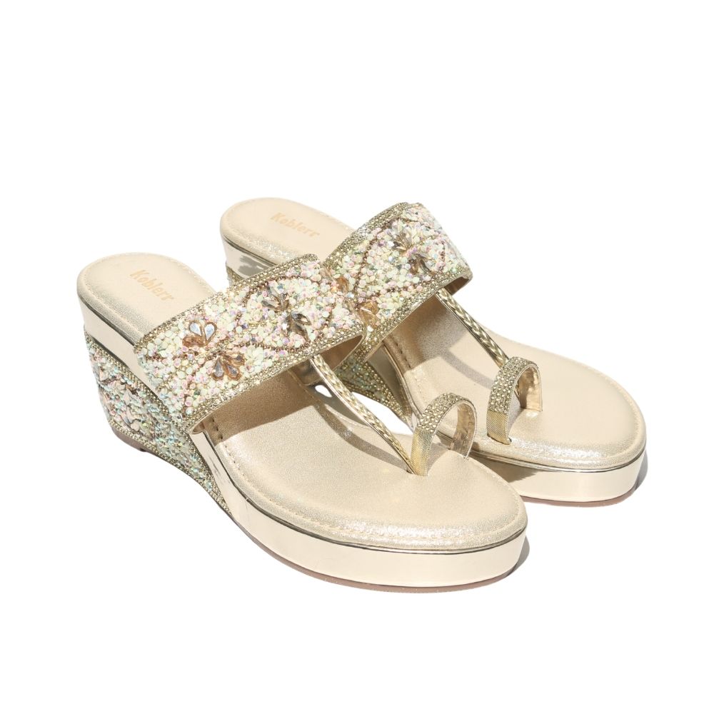 Beige beaded Kolhapuri Wedges