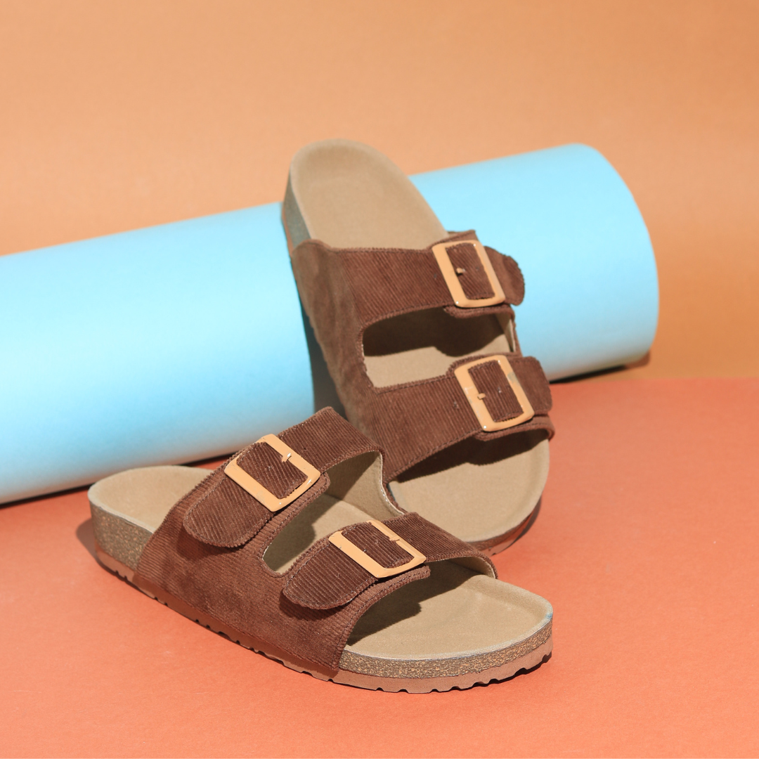 Women’s Corduroy Buckle Slides in Brown