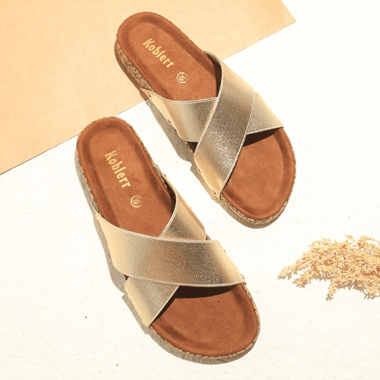 Women’s Gold Cross Strap Suede Sandals