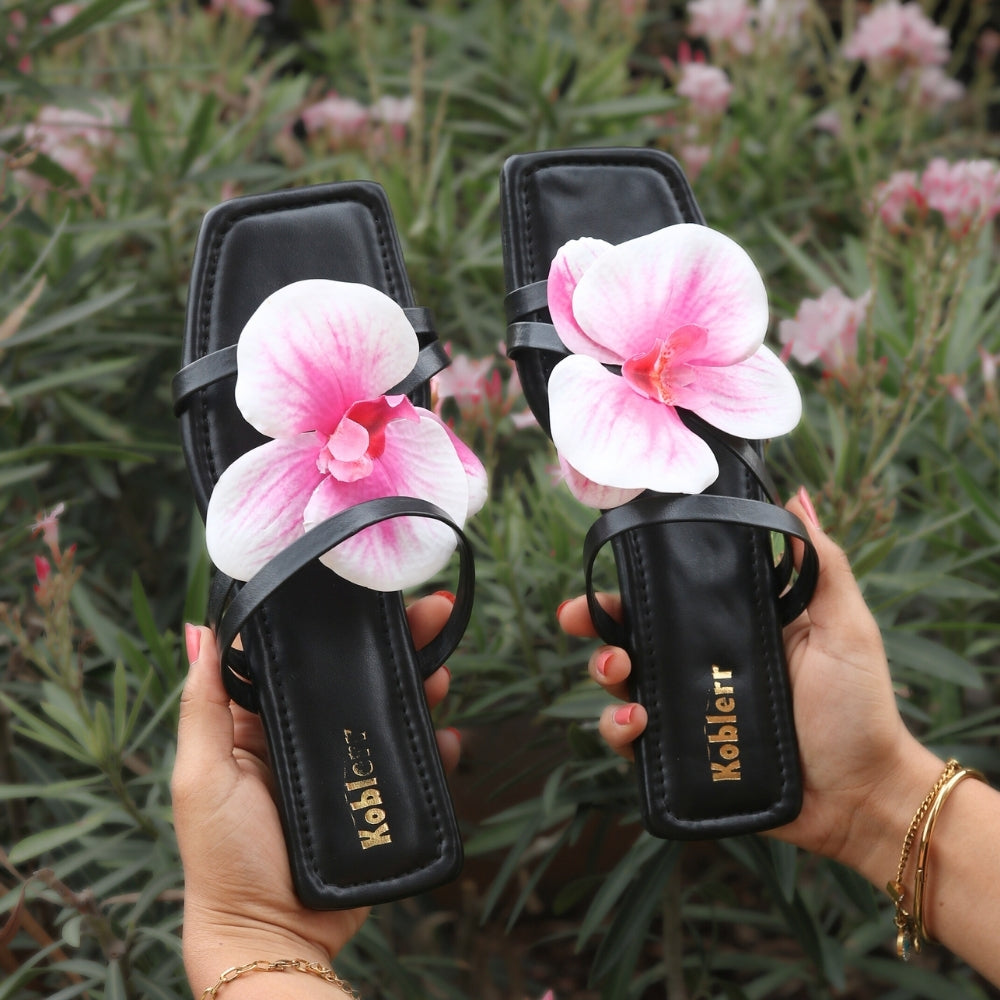 Black Orchid Floral Strappy Flats