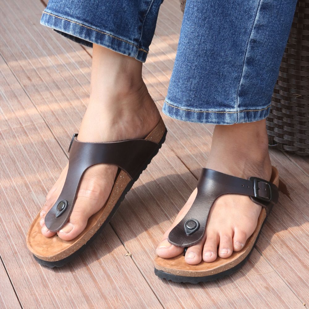 Brown Leather T-strap Sandals