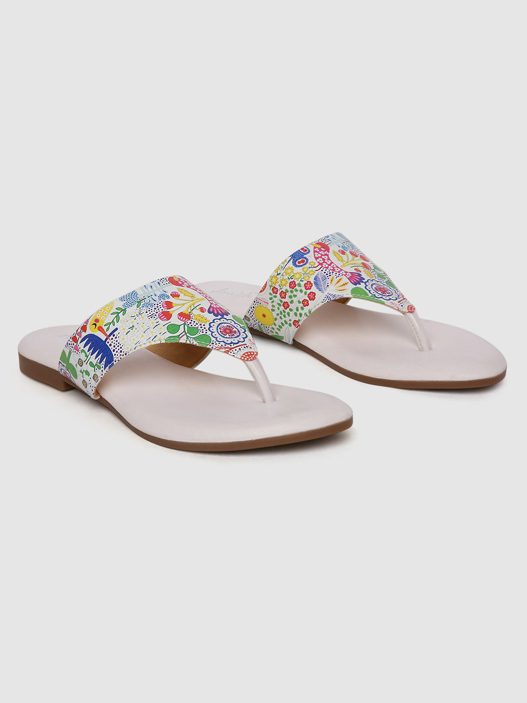 White Printed Strap Flats