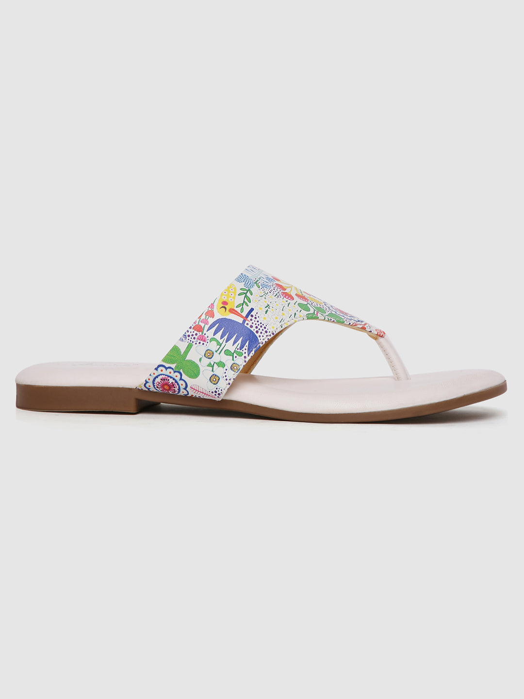 White Printed Strap Flats