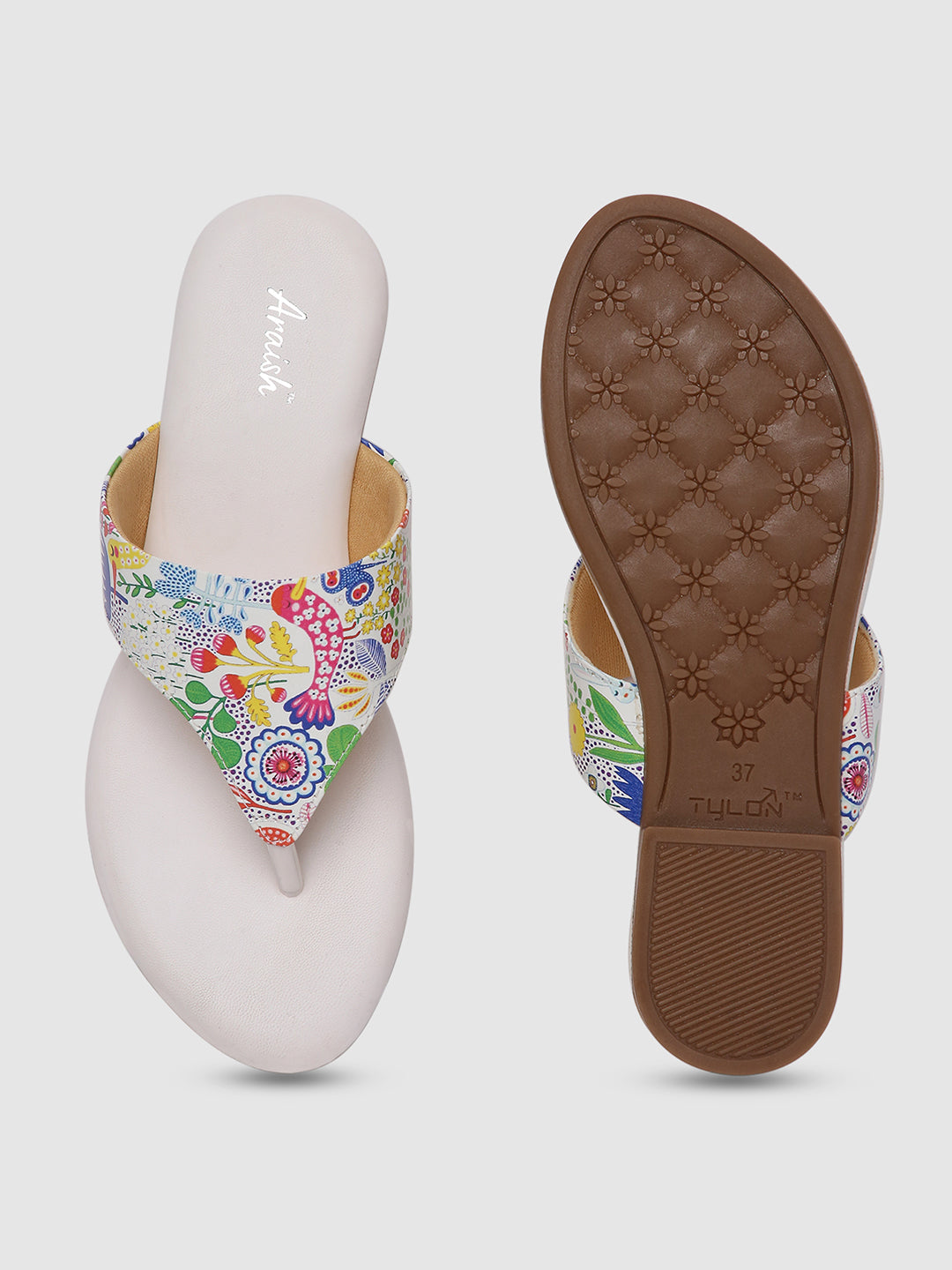 White Printed Strap Flats