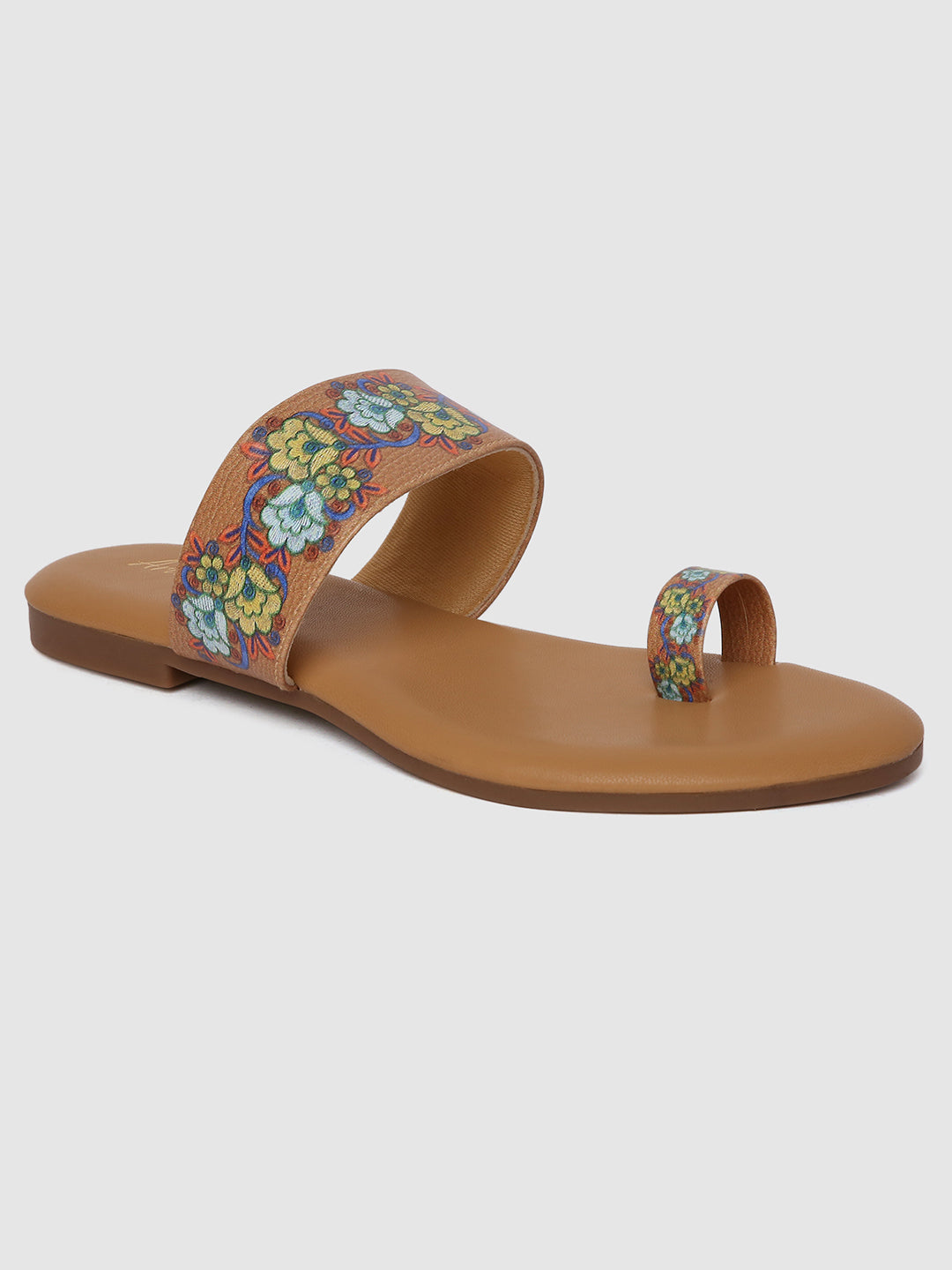 Beige Floral Strap Flats