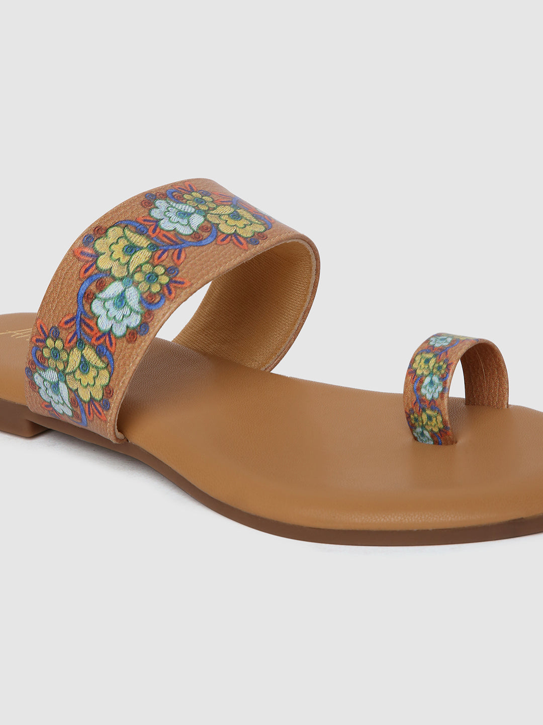Beige Floral Strap Flats
