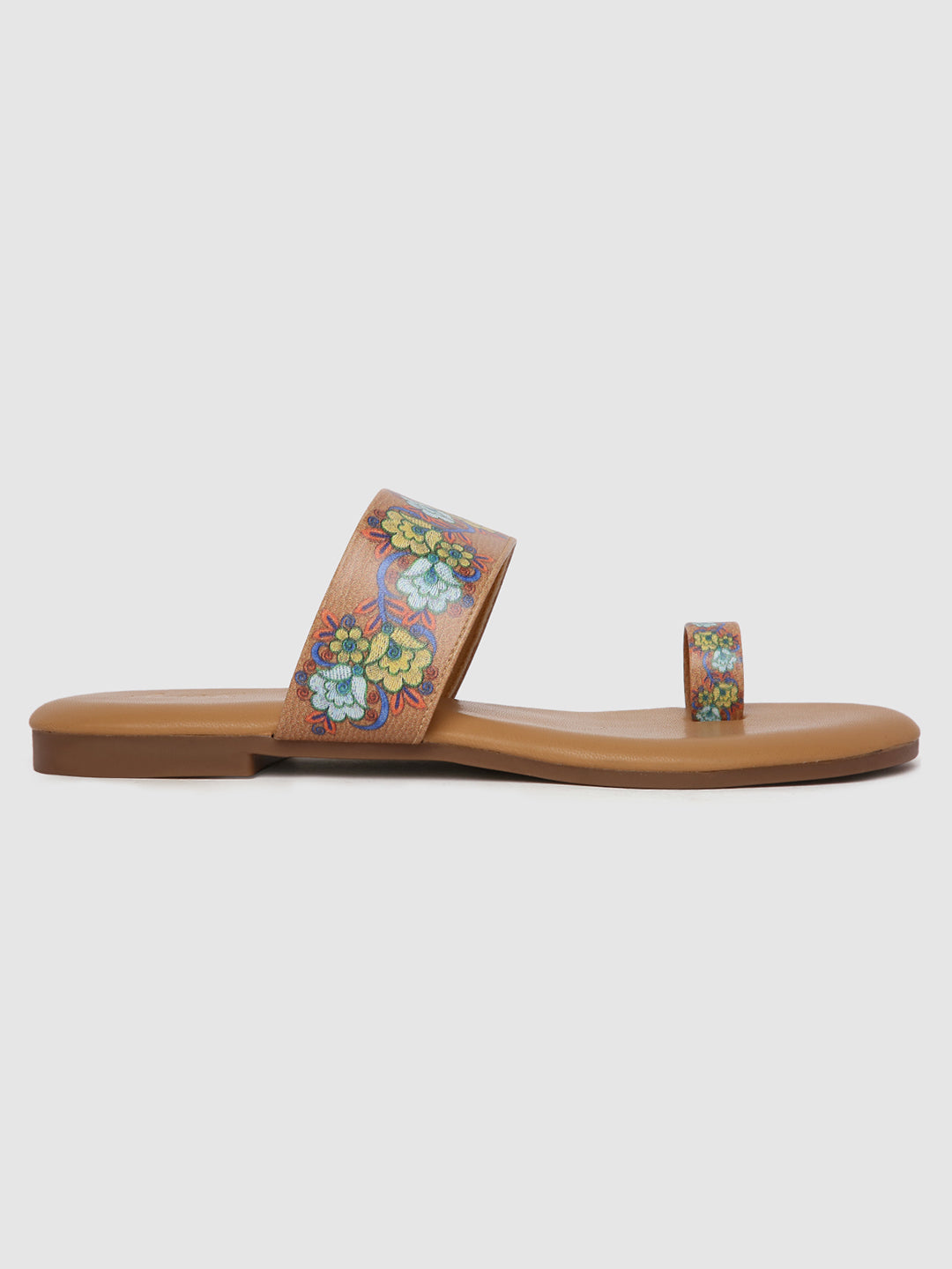 Beige Floral Strap Flats