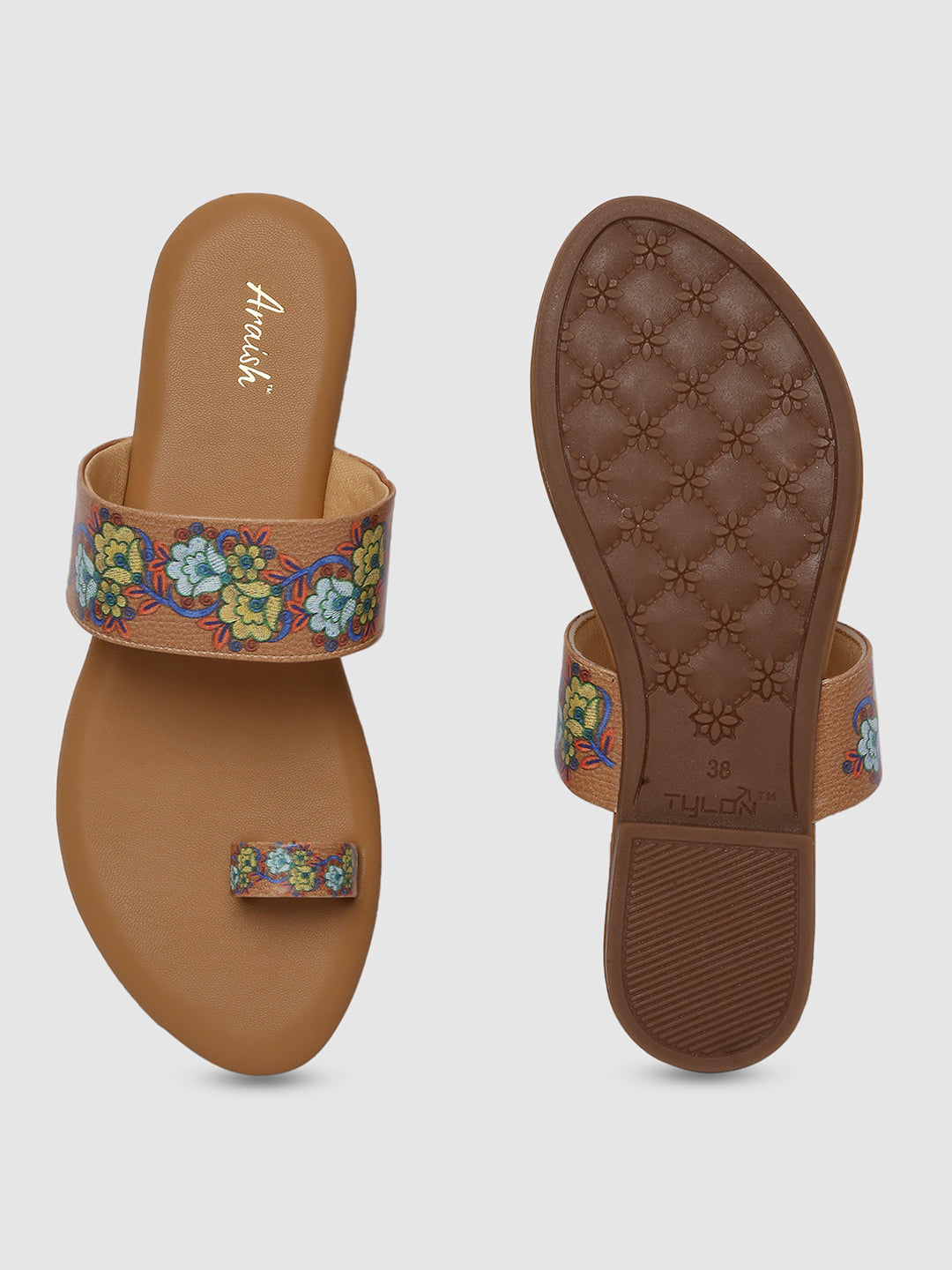 Beige Floral Strap Flats