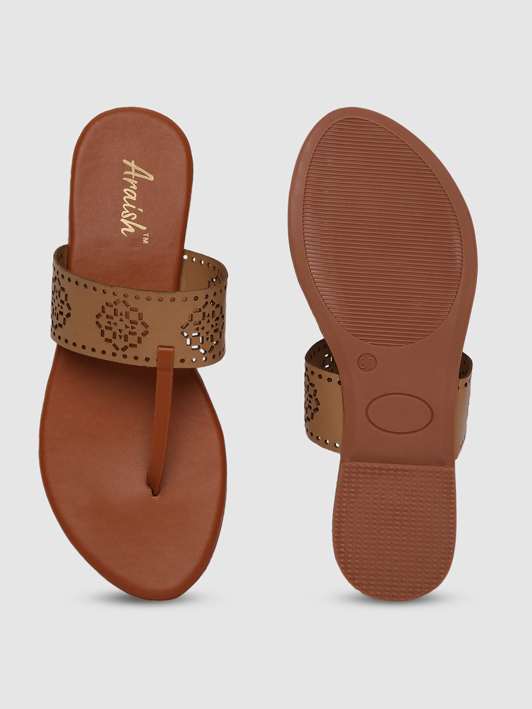 Dark Beige Laser Cut Strap Flats