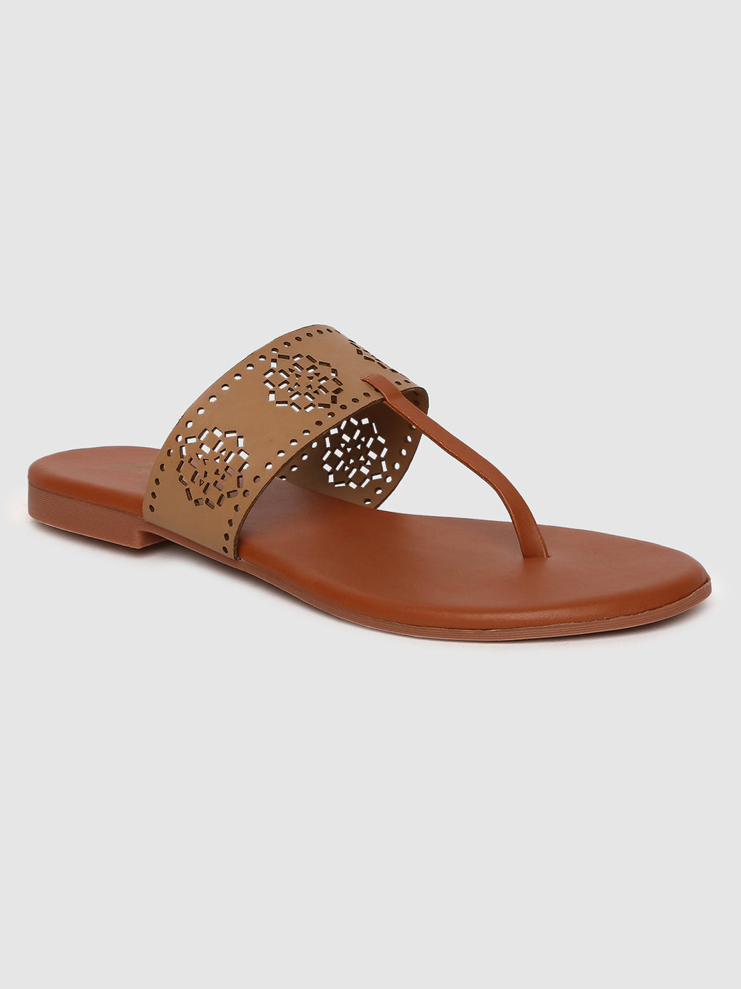 Dark Beige Laser Cut Strap Flats
