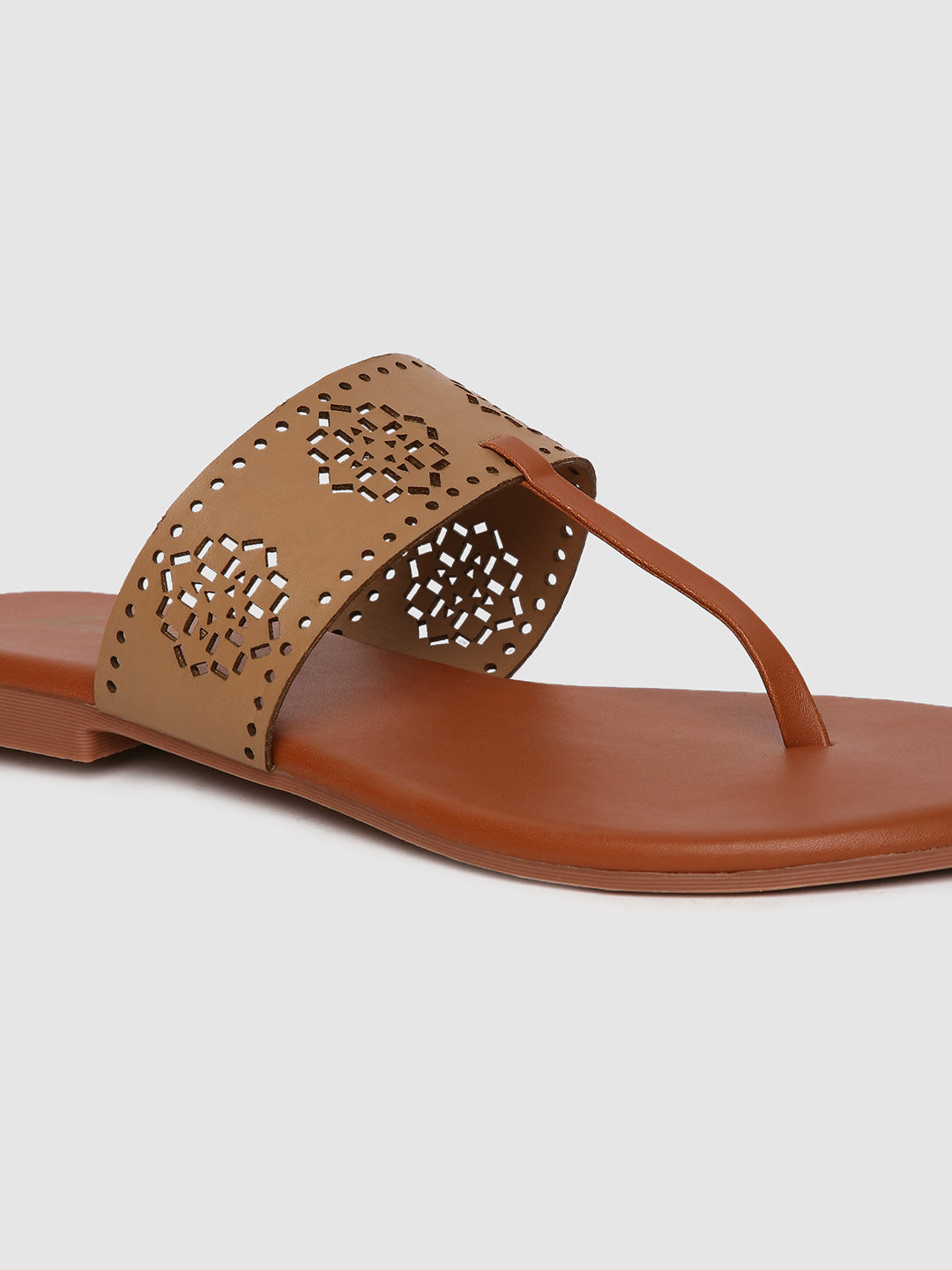 Dark Beige Laser Cut Strap Flats