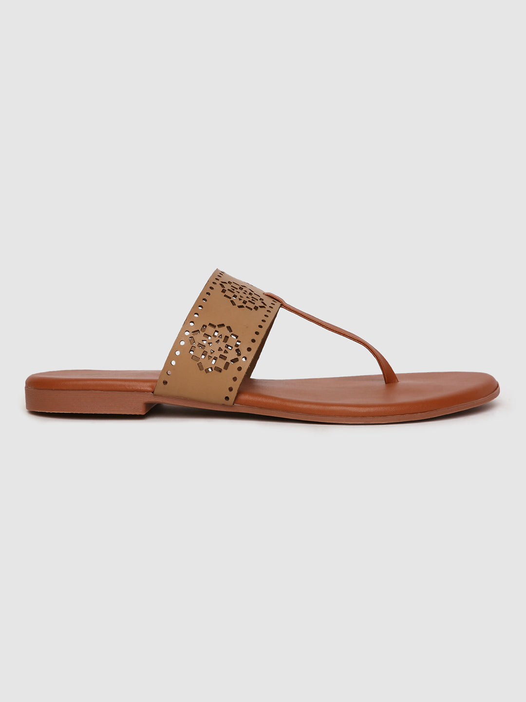 Dark Beige Laser Cut Strap Flats
