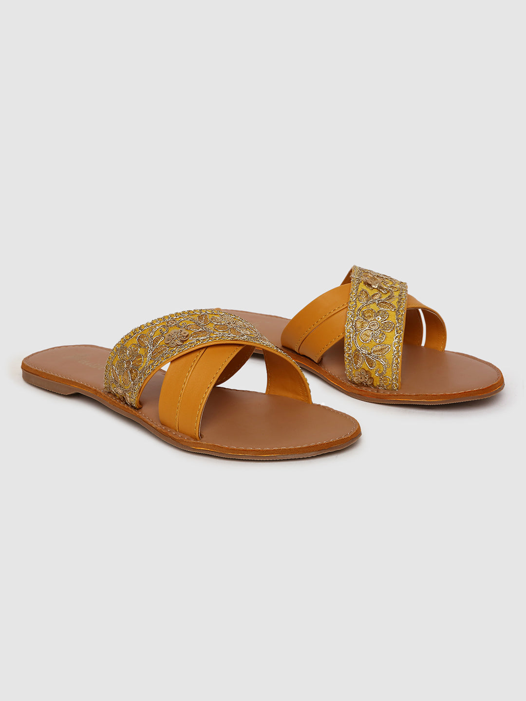 Yellow Hand Embroidered Flats