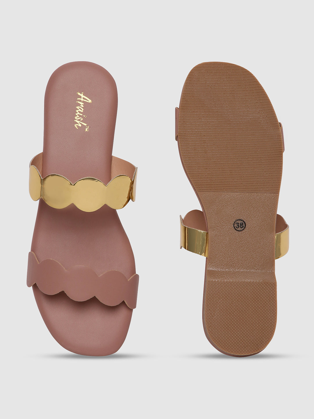 Peach Metallic Strap Flats