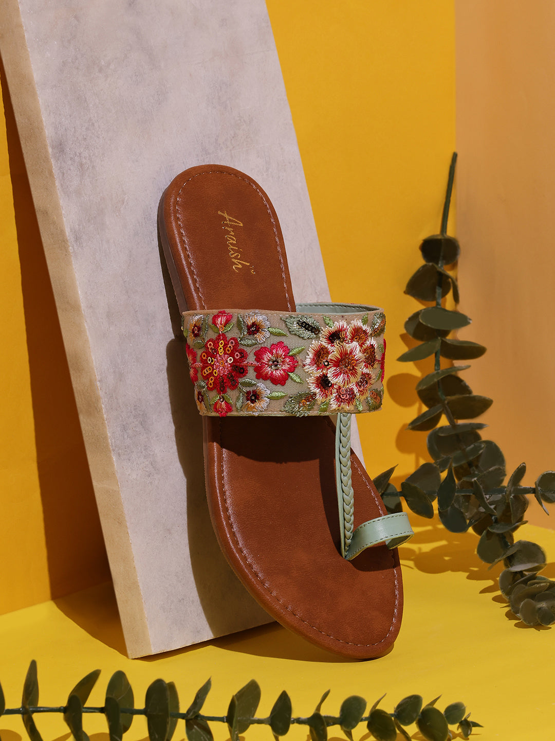 Green Embroidered Flats