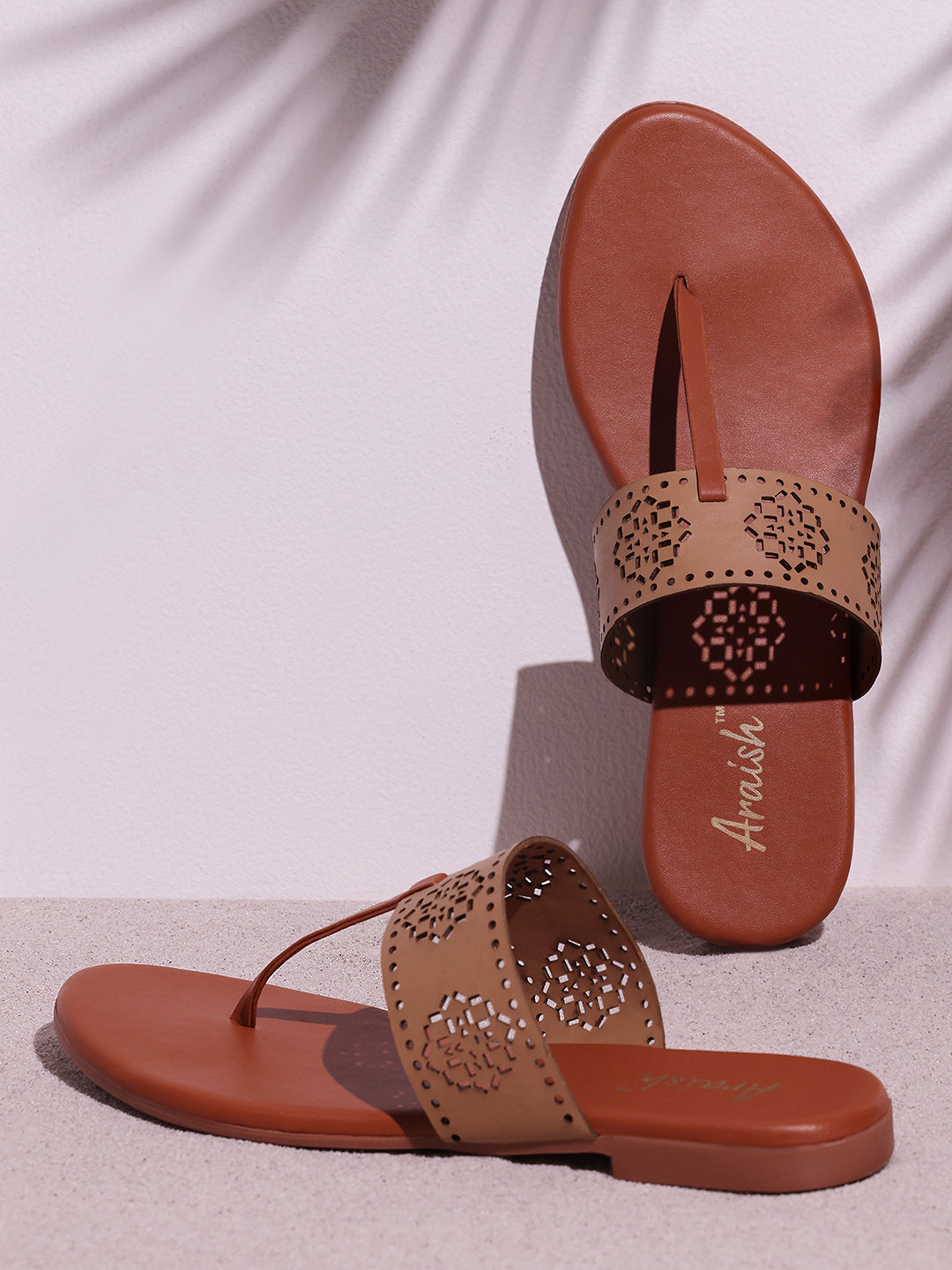 Dark Beige Laser Cut Strap Flats