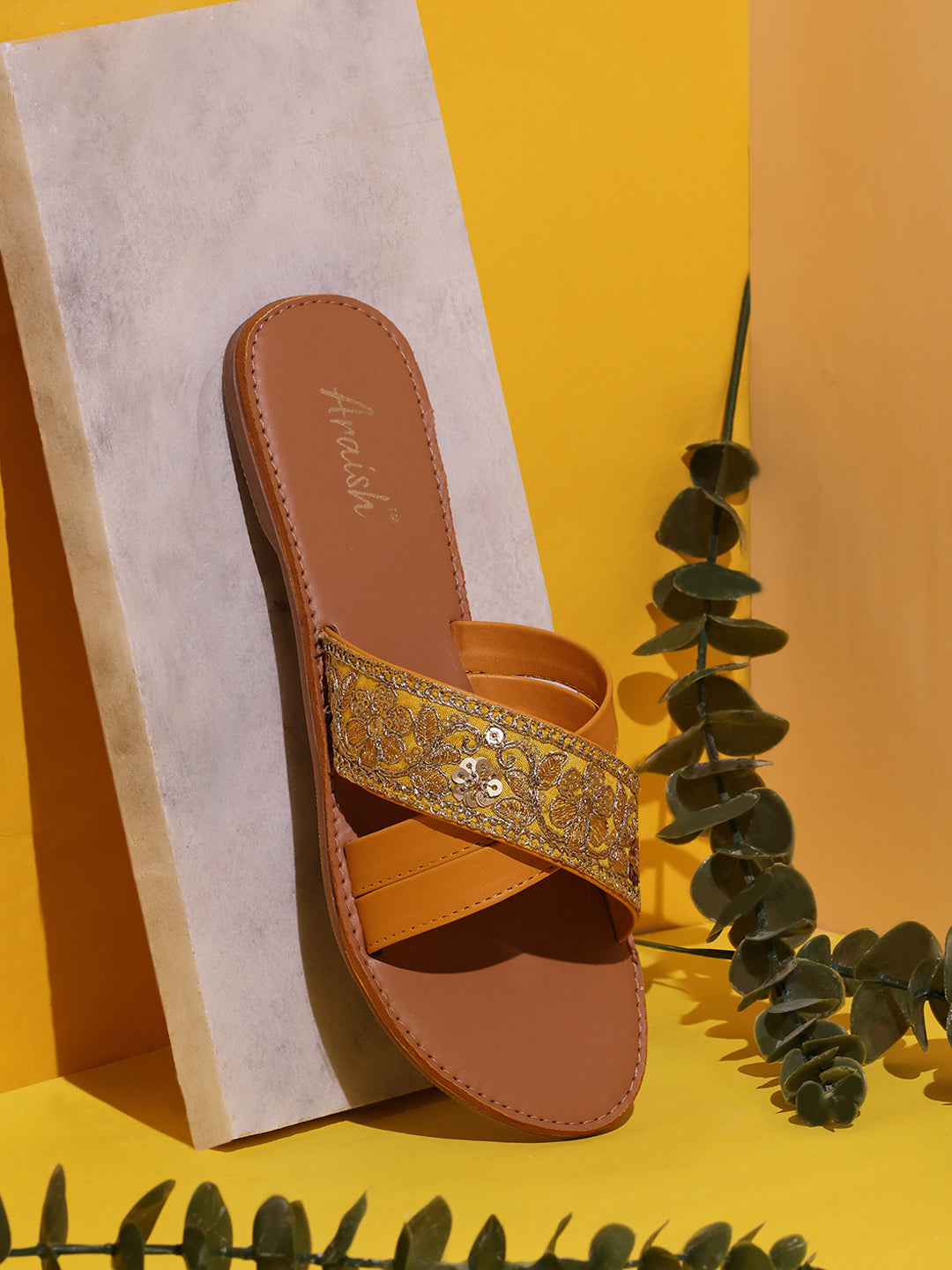 Yellow Hand Embroidered Flats