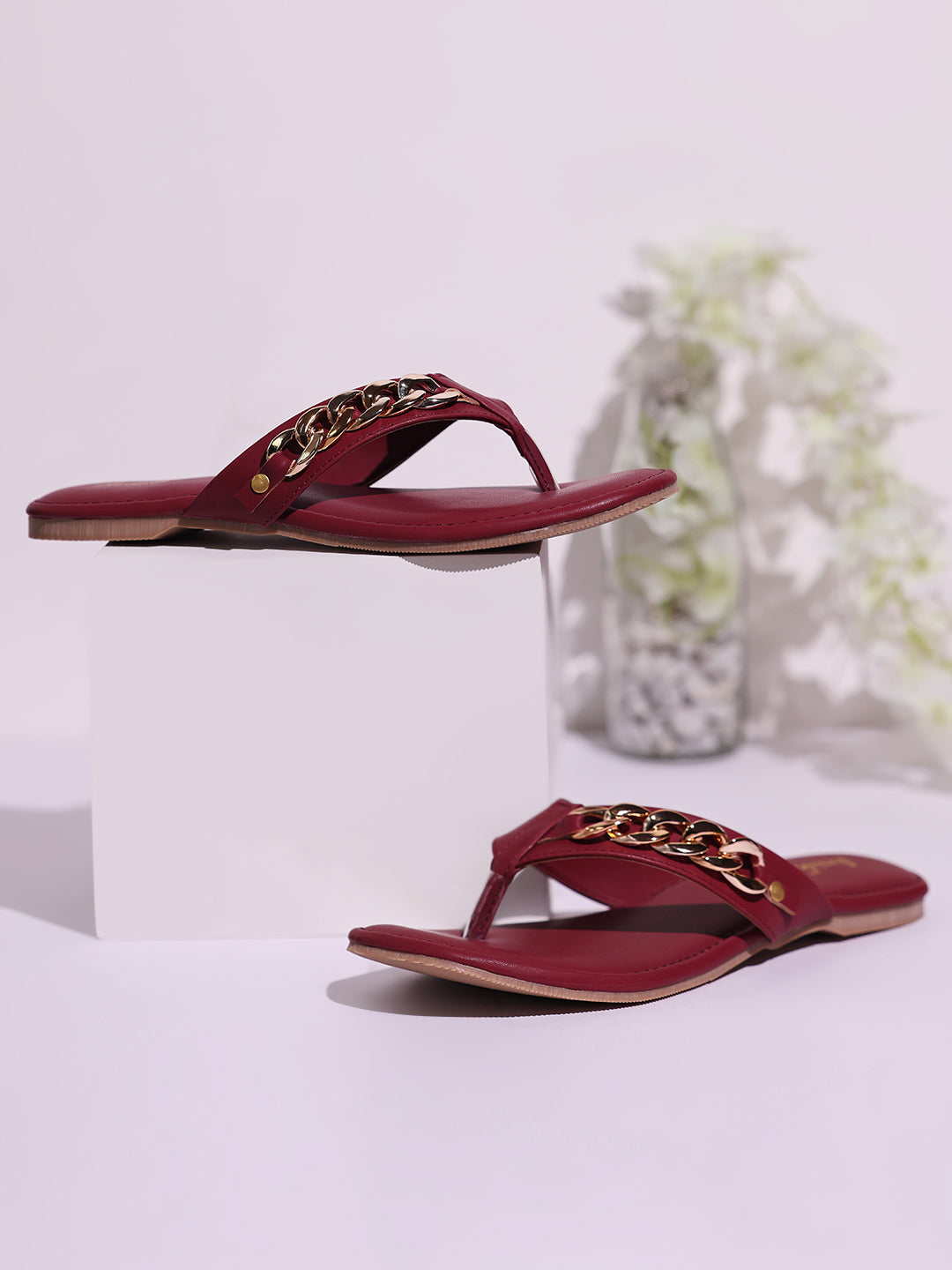 Maroon Embellished Open Toe Flats