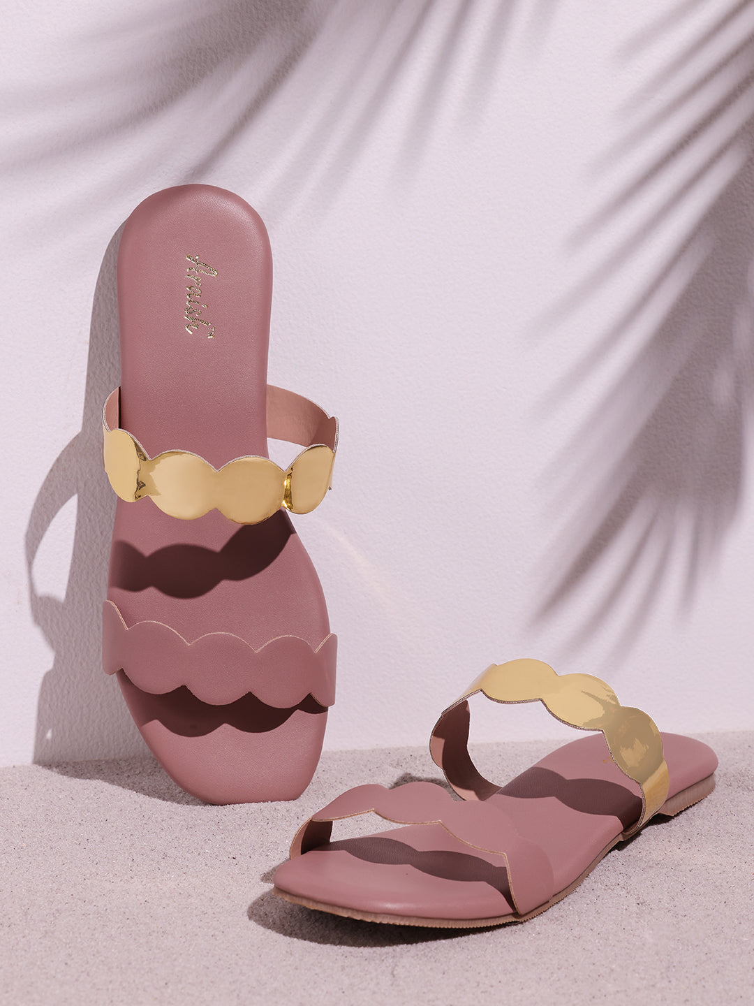 Peach Metallic Strap Flats
