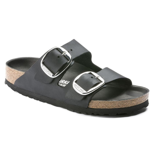 Arizona Big Buckle Oiled Leather in Black Womens Slides