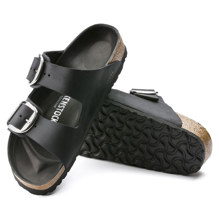 Arizona Big Buckle Oiled Leather in Black Womens Slides