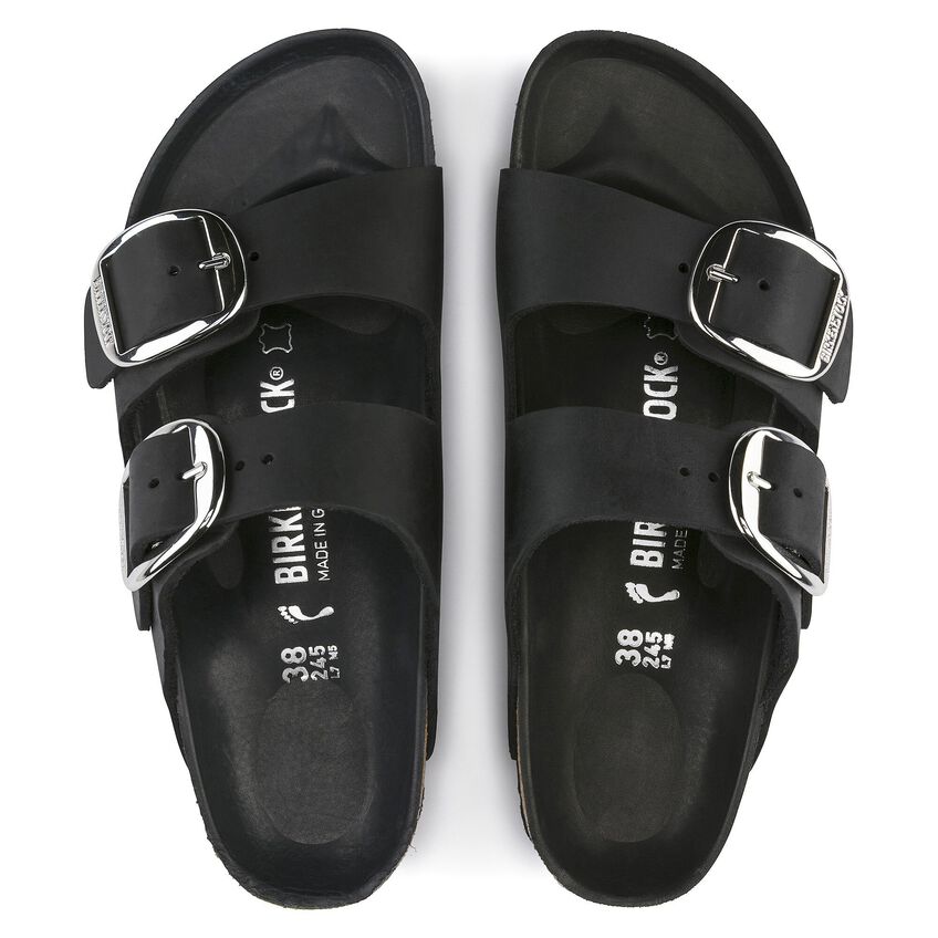 Arizona Big Buckle Oiled Leather in Black Womens Slides