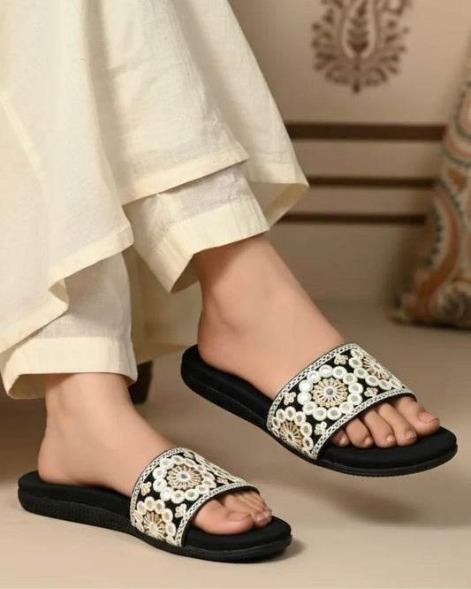 Black Embroidered Flats