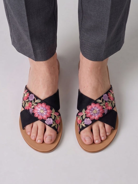 Black Embroidered Flats