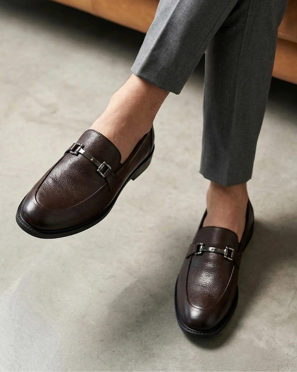 Brown Solid Leather Formal Loafers