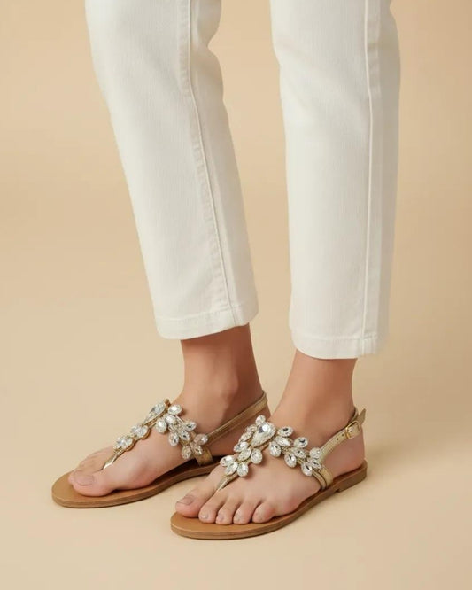 Gold Stone-Embellished T-Strap Flats