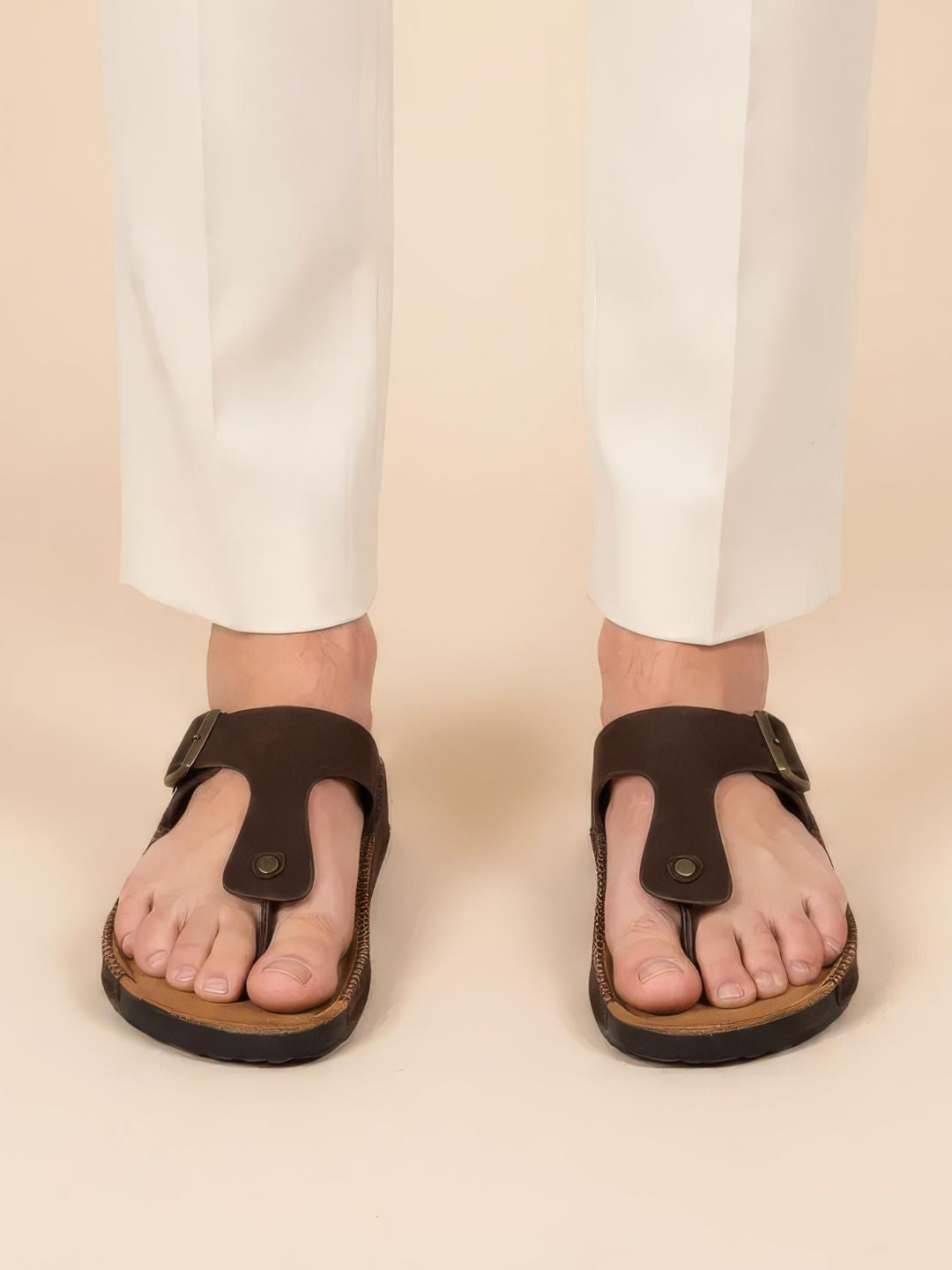 Brown T-strap Buckle Sandals