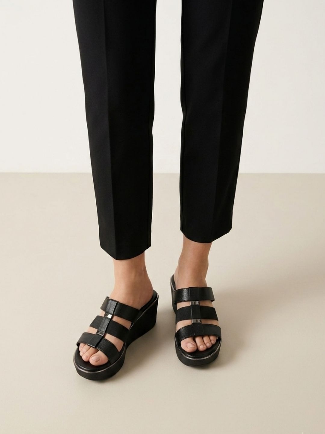 Black Comfort Wedge Slip-On Sandals