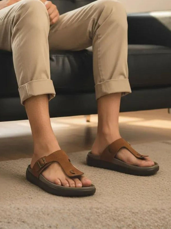 Men's Tan T-Strap Sandals