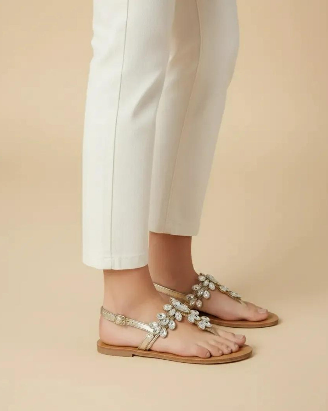 Gold Stone-Embellished T-Strap Flats
