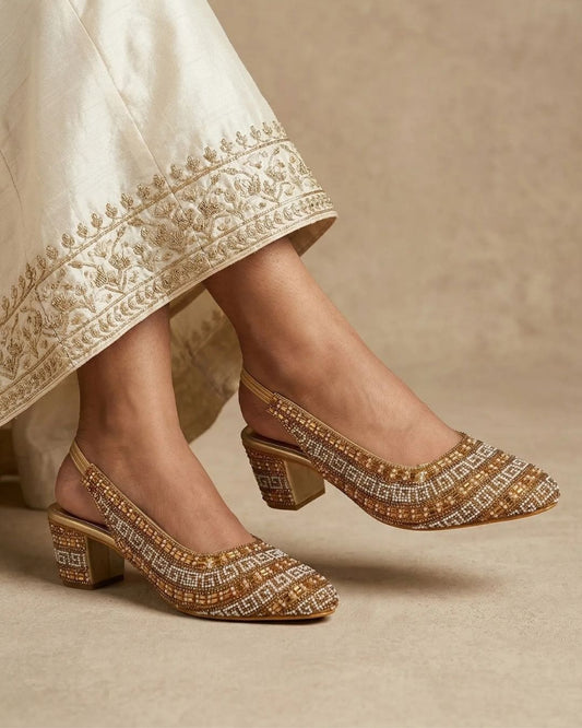 Gold Embellished Block Heels