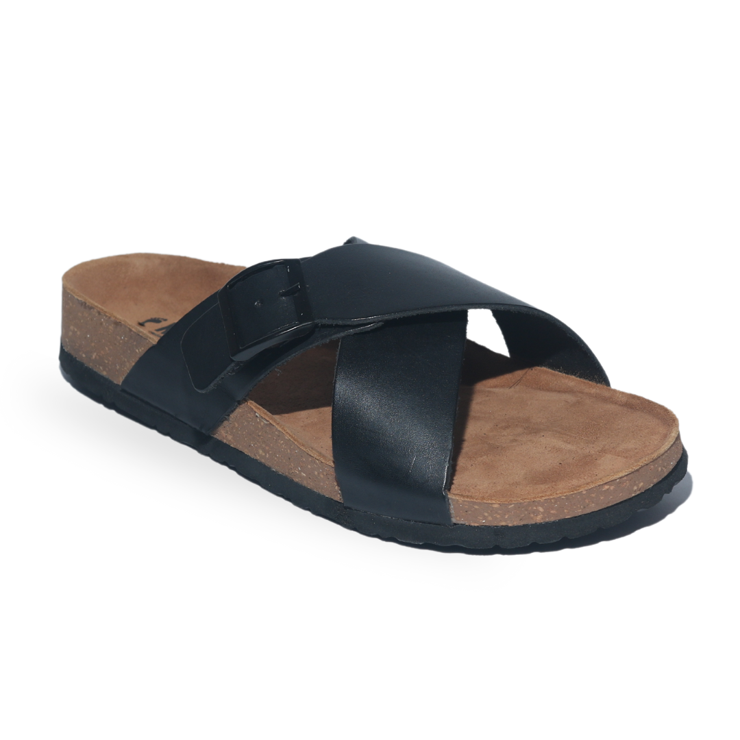 Black Buckle Cross Strap Sandals