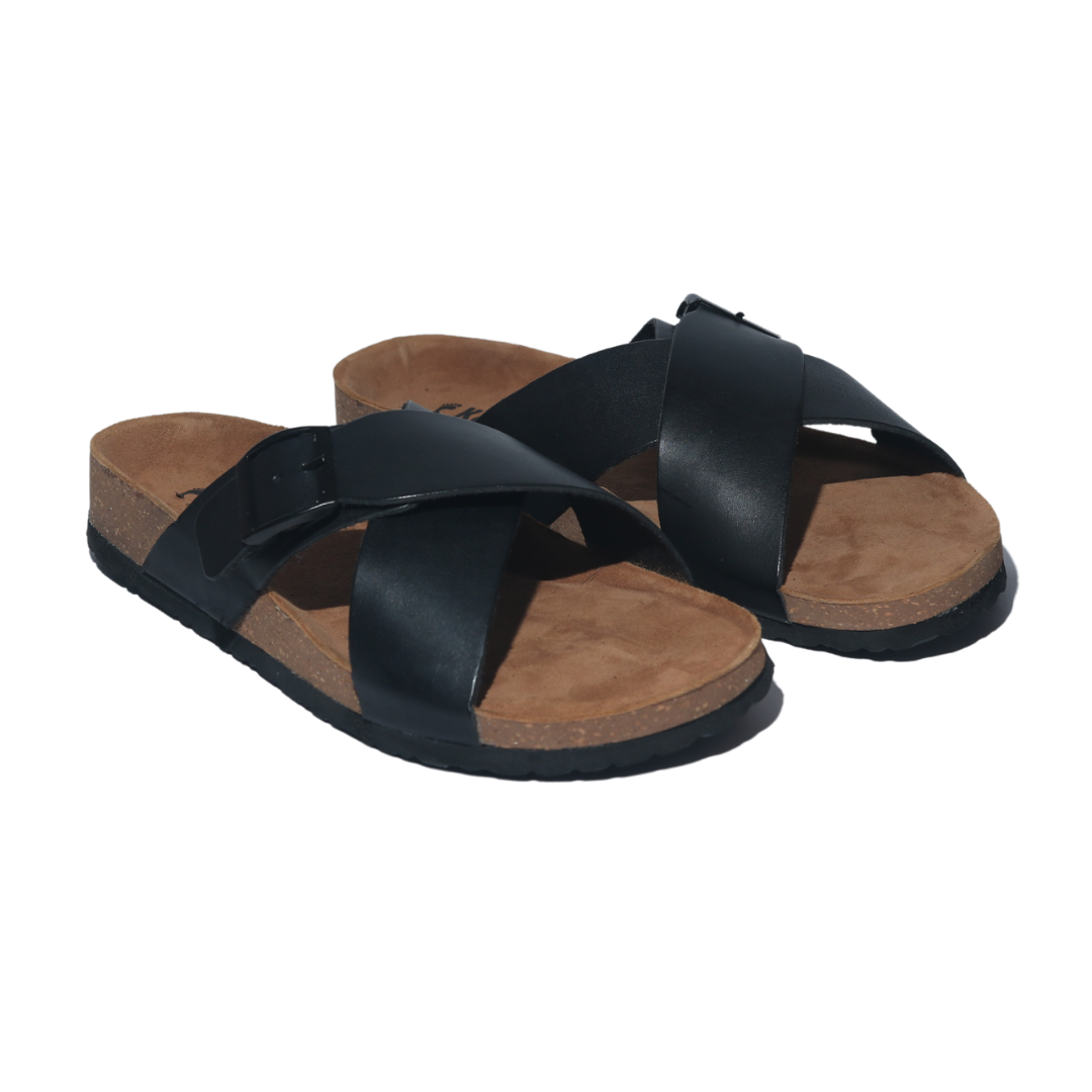 Black Buckle Cross Strap Sandals