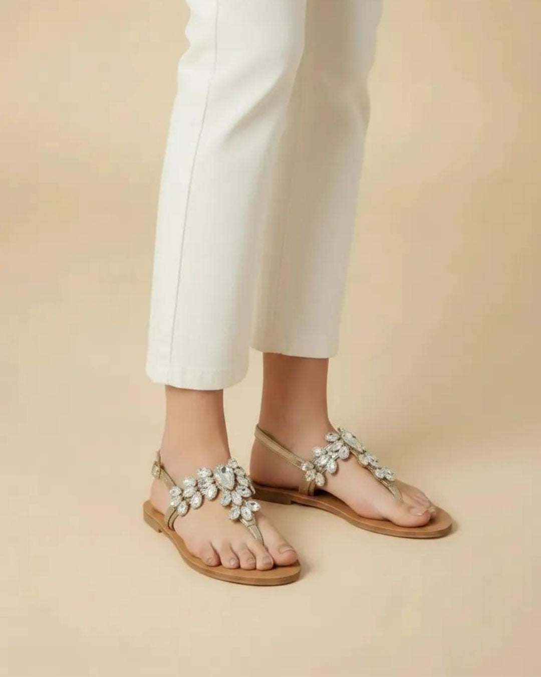 Gold Stone-Embellished T-Strap Flats