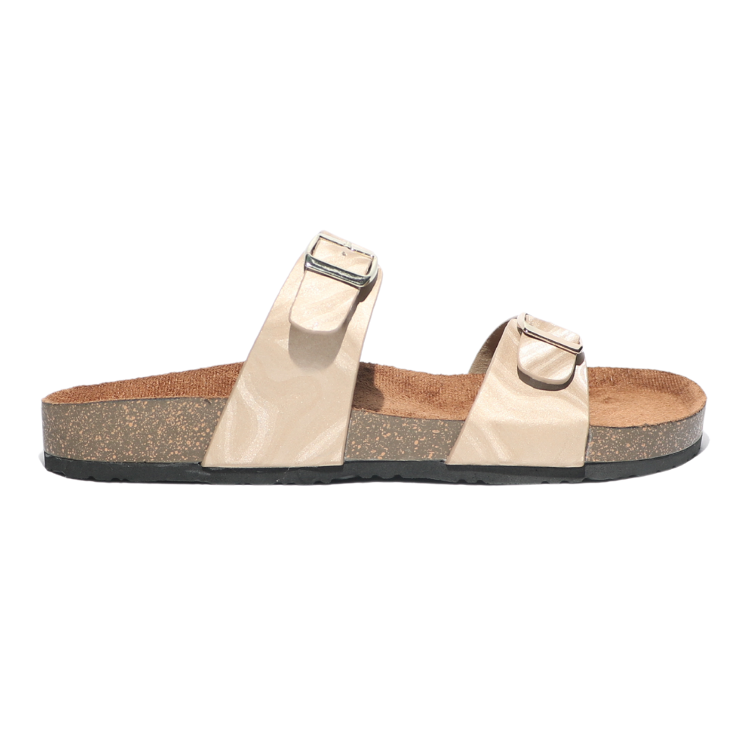 Beige Chrome Strap Slides