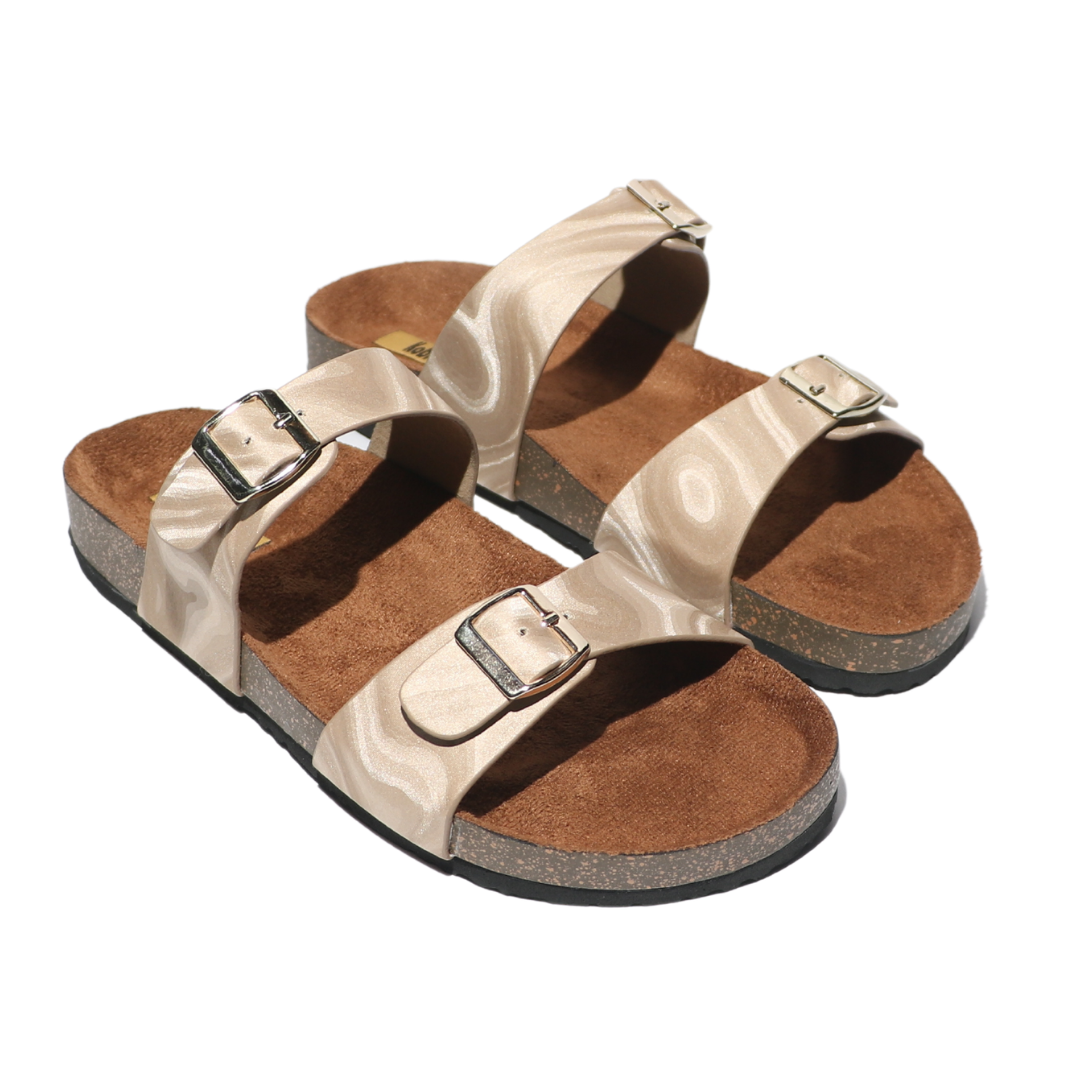 Beige Chrome Strap Slides