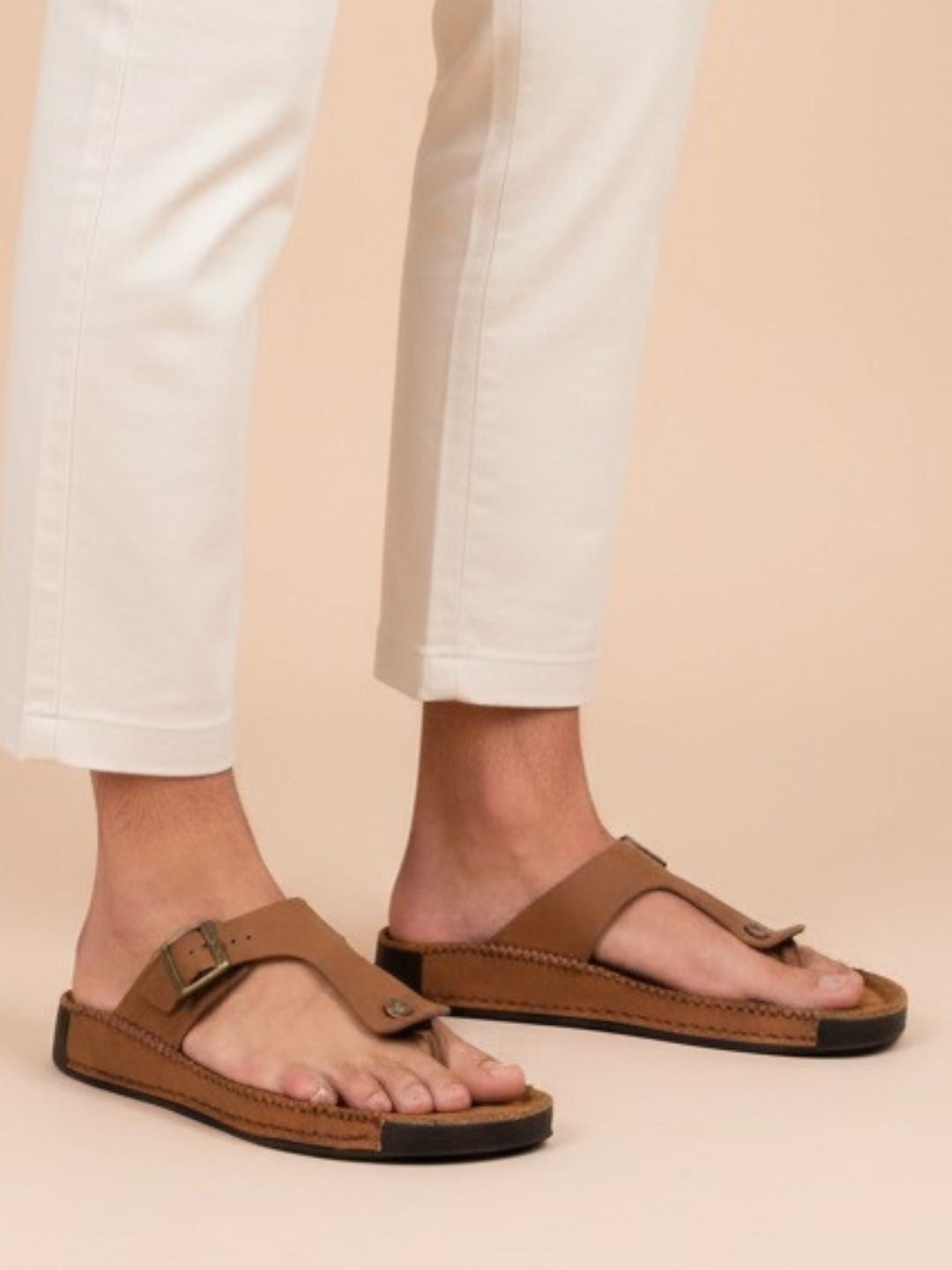 Tan T-strap Buckle Sandals